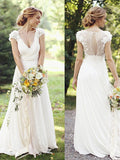 A-Line/Princess Ruched V-neck Short Sleeves Sweep/Brush Train Wedding Dresses