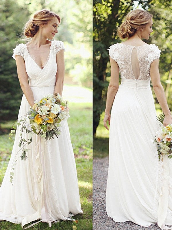 A-Line/Princess Ruched V-neck Short Sleeves Sweep/Brush Train Wedding Dresses