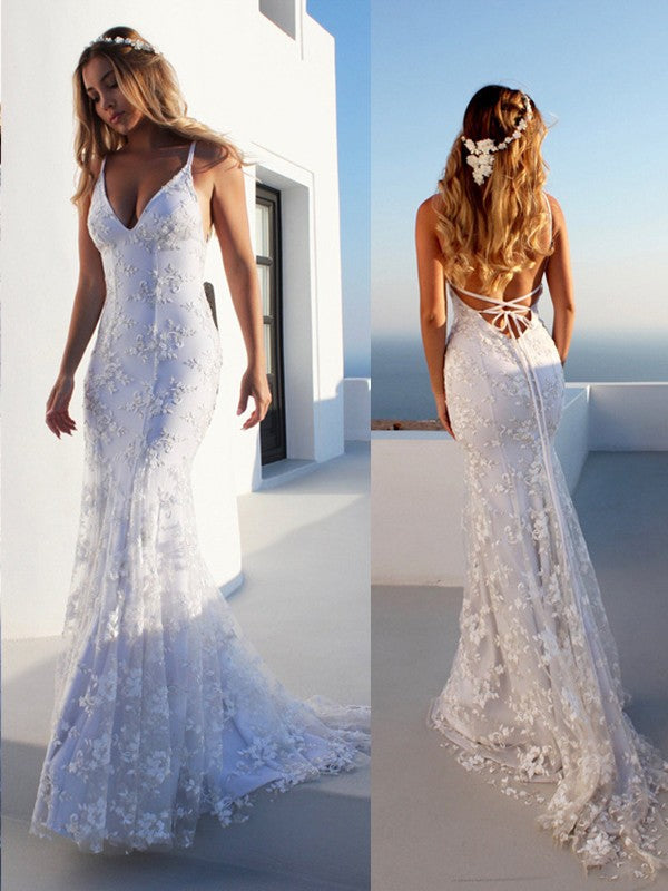 Trumpet/Mermaid Spaghetti Straps Sleeveless Court Train Wedding Dresses