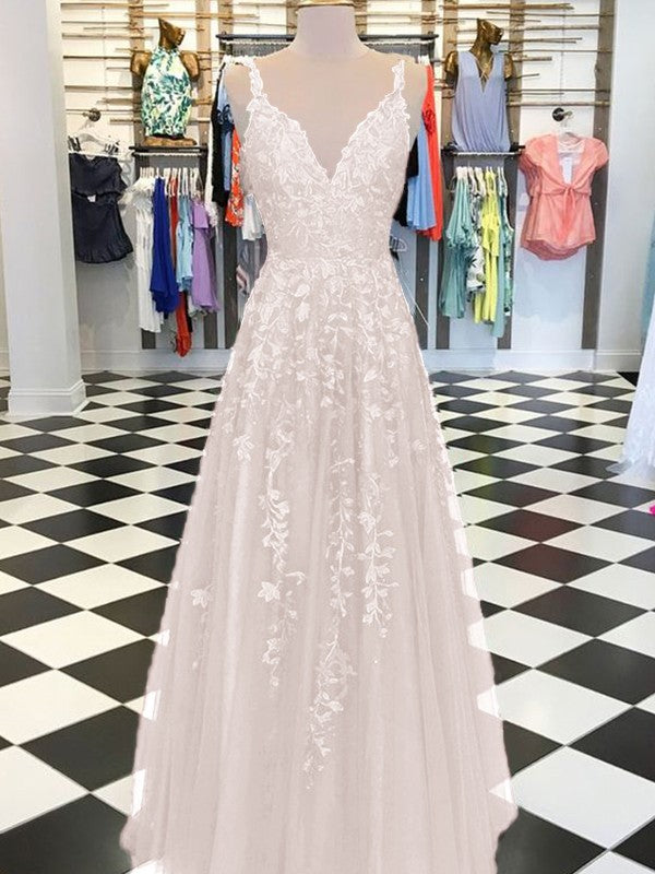 A-Line/Princess Sleeveless V-neck Floor-Length Applique Dresses