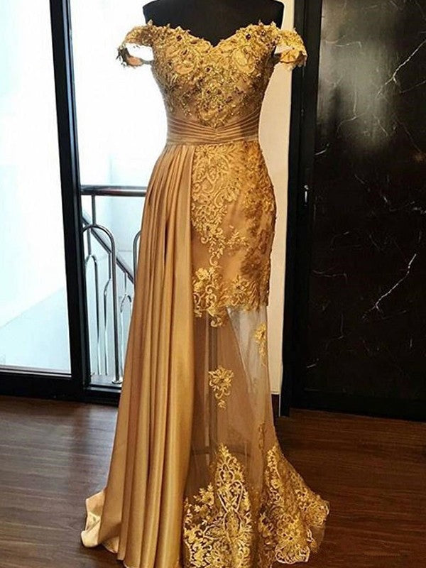 Sheath/Column Sleeveless Off-the-Shoulder Sweep/Brush Train Applique Elastic Woven Dresses