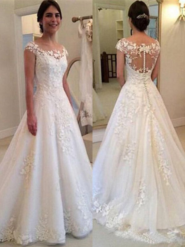 A-Line/Princess Scoop Sleeveless Sweep/Brush Train Wedding Dresses