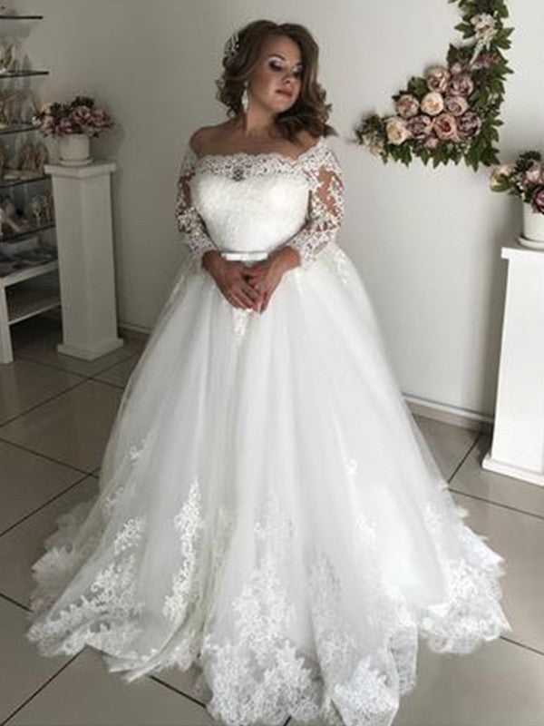 A-Line/Princess Off-the-Shoulder Long Sleeves Court Train Wedding Dresses