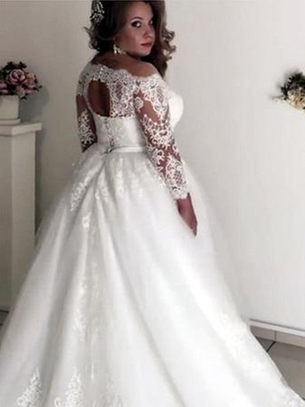 A-Line/Princess Off-the-Shoulder Long Sleeves Court Train Wedding Dresses