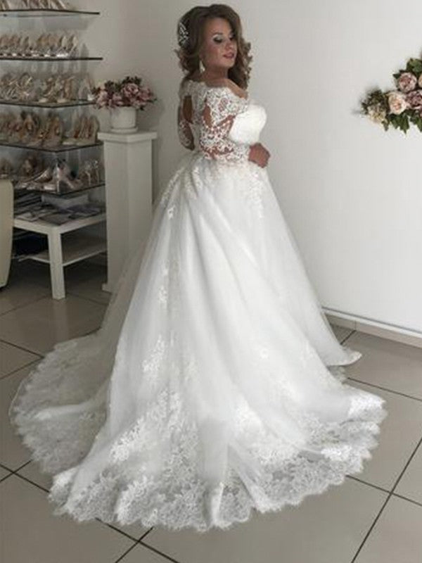A-Line/Princess Off-the-Shoulder Long Sleeves Court Train Wedding Dresses