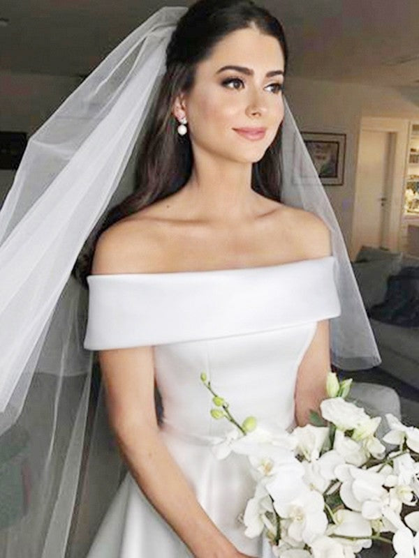 A-Line/Princess Off-the-Shoulder Sleeveless Sweep/Brush Train Ruffles Wedding Dresses
