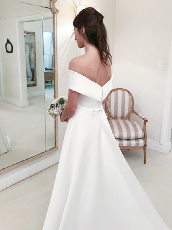 A-Line/Princess Off-the-Shoulder Sleeveless Sweep/Brush Train Ruffles Wedding Dresses