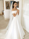 A-Line/Princess Off-the-Shoulder Sleeveless Sweep/Brush Train Ruffles Wedding Dresses