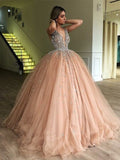 Ball Gown V-neck Sleeveless Floor-Length Beading Dresses