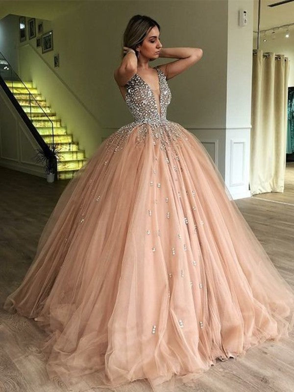 Ball Gown V-neck Sleeveless Floor-Length Beading Dresses
