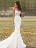 Trumpet/Mermaid Applique Spaghetti Straps Sleeveless Court Train Wedding Dresses