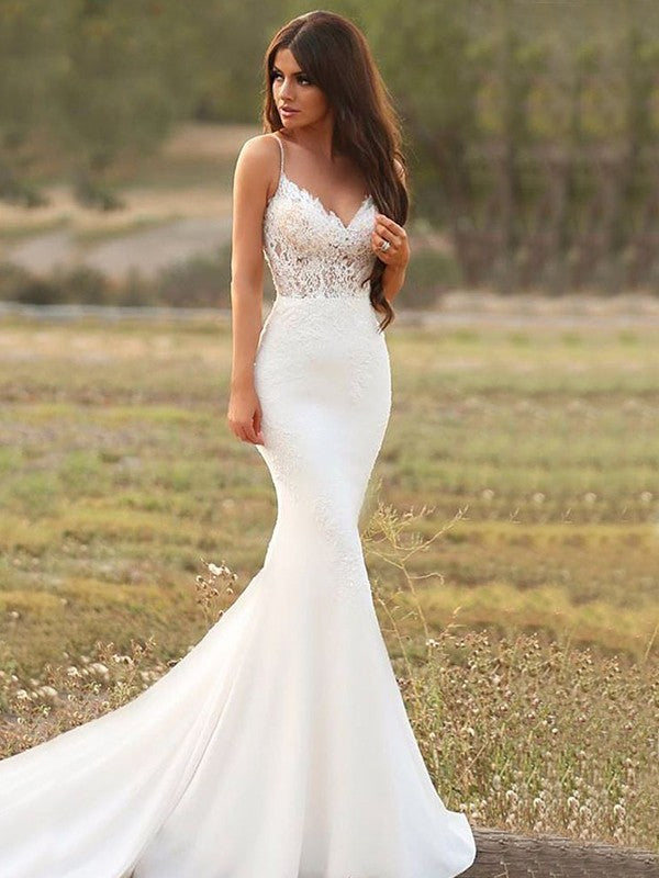 Trumpet/Mermaid Applique Spaghetti Straps Sleeveless Court Train Wedding Dresses