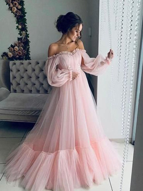 A-Line/Princess Applique Off-the-Shoulder Long Sleeves Floor-Length Dresses