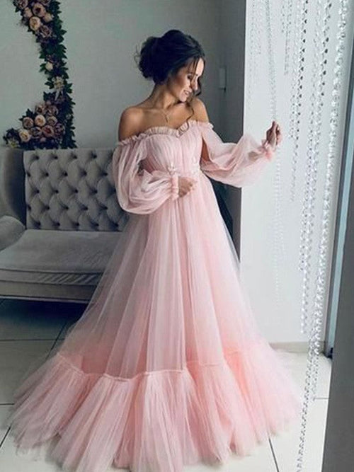 A-Line/Princess Applique Off-the-Shoulder Long Sleeves Floor-Length Dresses