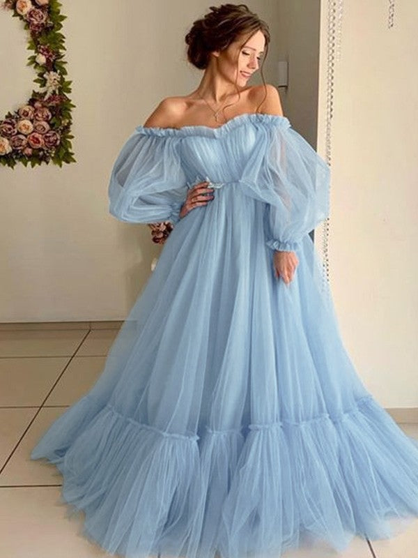 A-Line/Princess Applique Off-the-Shoulder Long Sleeves Floor-Length Dresses