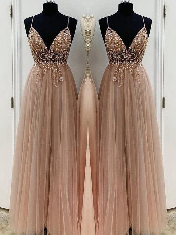 A-Line/Princess Beading Spaghetti Straps Sleeveless Floor-Length Dresses