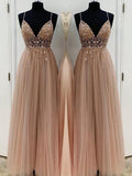 A-Line/Princess Beading Spaghetti Straps Sleeveless Floor-Length Dresses