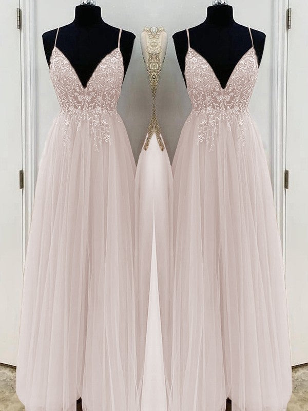A-Line/Princess Beading Spaghetti Straps Sleeveless Floor-Length Dresses