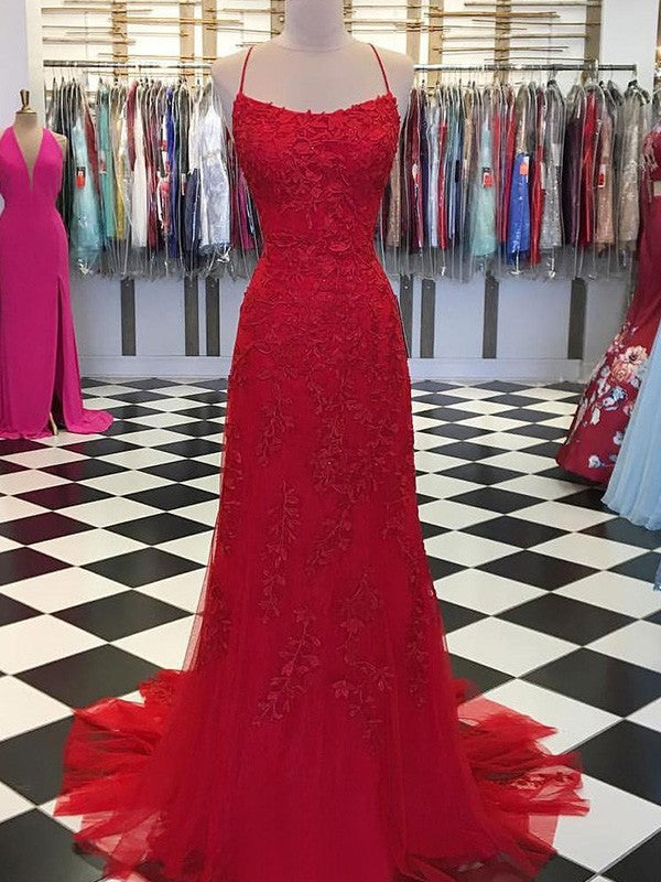 A-Line/Princess Applique Spaghetti Straps Sleeveless Sweep/Brush Train Dresses