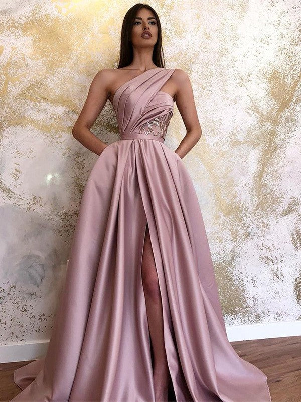 A-Line/Princess Sleeveless Ruched One-Shoulder Sweep/Brush Train Dresses