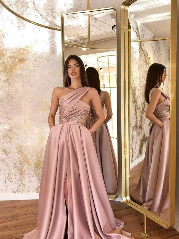 A-Line/Princess Sleeveless Ruched One-Shoulder Sweep/Brush Train Dresses