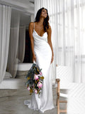 Sheath/Column NS Elastic Woven Ruched Spaghetti Straps Sweep/Brush Train Sleeveless Wedding Dresses