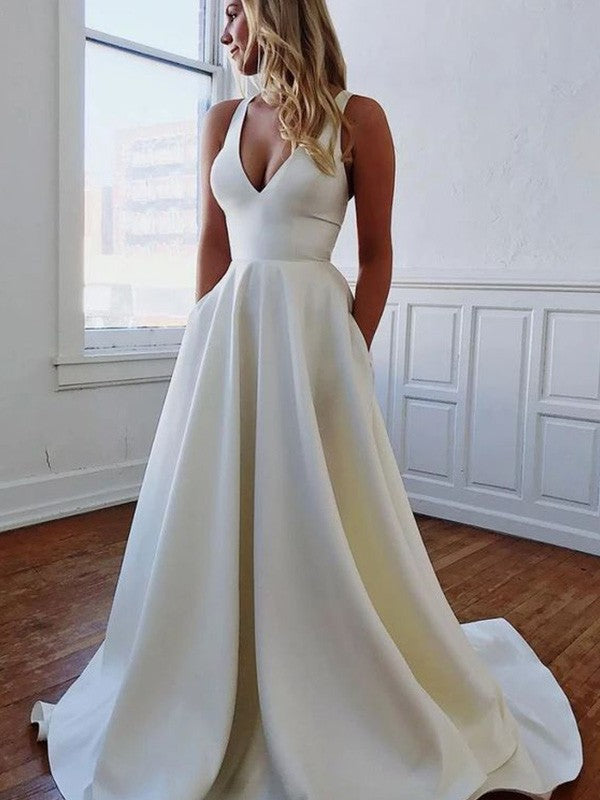 A-Line/Princess V-neck Ruffles Sleeveless Sweep/Brush Train Wedding Dresses