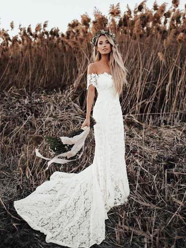 Trumpet/Mermaid Applique Off-the-Shoulder Short Sleeves Court Train Wedding Dresses