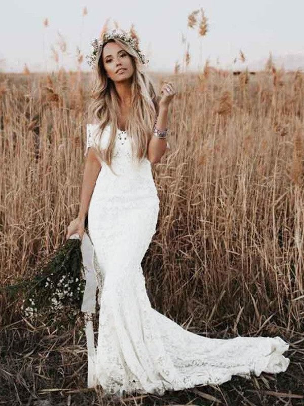 Trumpet/Mermaid Applique Off-the-Shoulder Short Sleeves Court Train Wedding Dresses