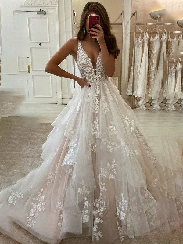 A-Line/Princess V-neck Sleeveless Applique Floor-Length Wedding Dresses