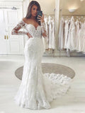 Trumpet/Mermaid Applique Off-the-Shoulder Long Sleeves Chapel Train Wedding Dresses