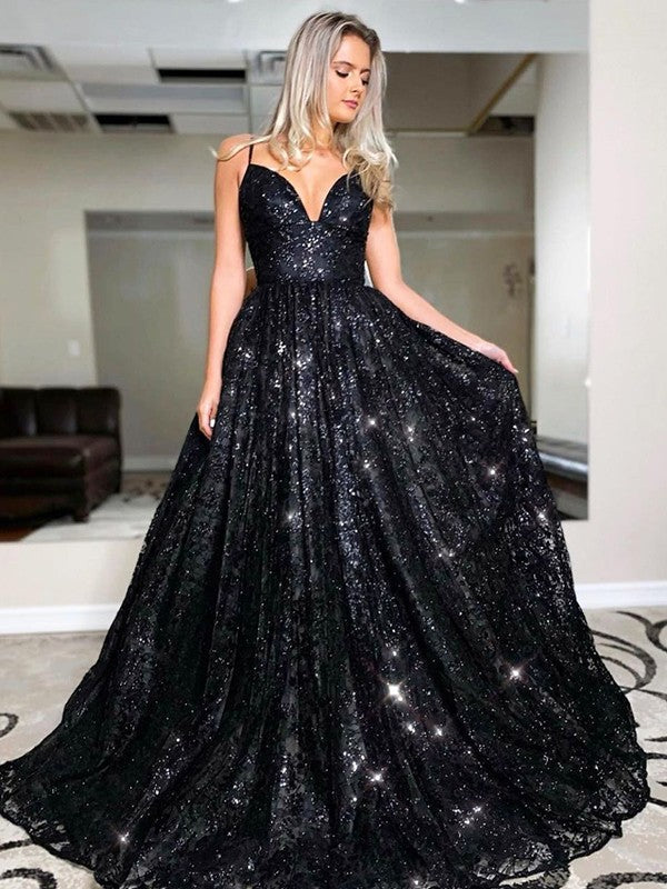 A-Line/Princess Floor-Length V-neck Sleeveless Sequins Dresses