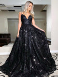 A-Line/Princess Floor-Length V-neck Sleeveless Sequins Dresses