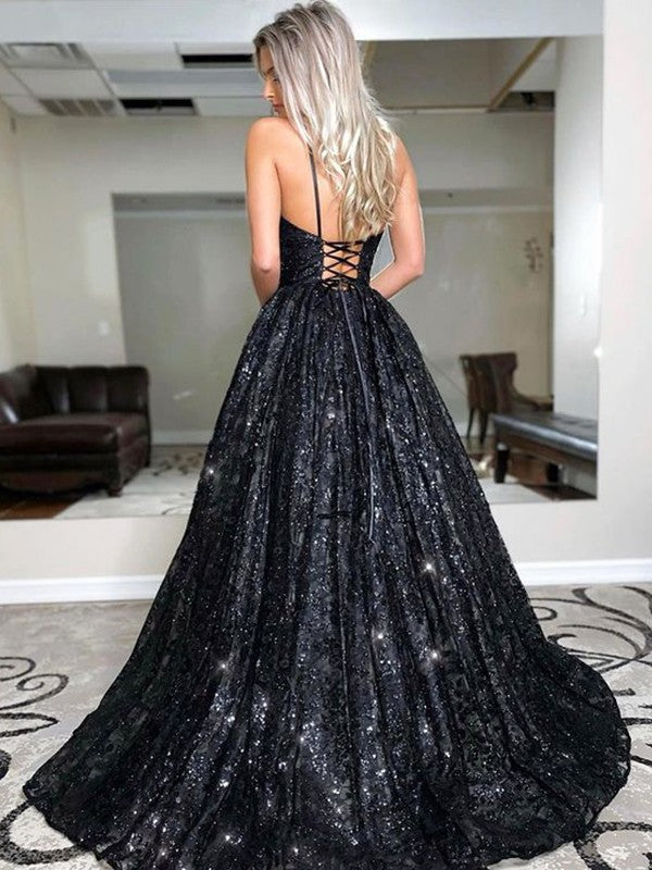 A-Line/Princess Floor-Length V-neck Sleeveless Sequins Dresses