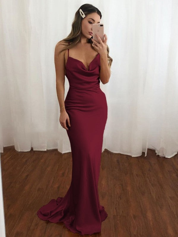 Sheath/Column Spaghetti Straps Ruched Sleeveless NS Elastic Woven Sweep/Brush Train Dresses