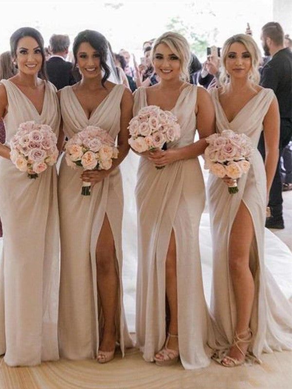 Sheath/Column Ruched Sleeveless V-neck Sweep/Brush Train Bridesmaid Dresses