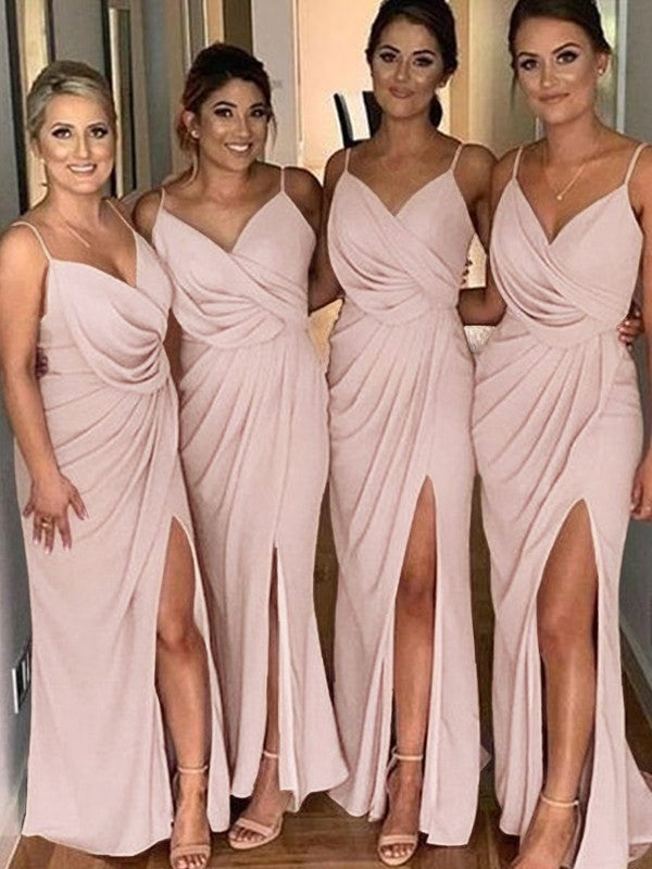 Sheath/Column like Ruched Spaghetti Straps Sleeveless Sweep/Brush Train Bridesmaid Dresses
