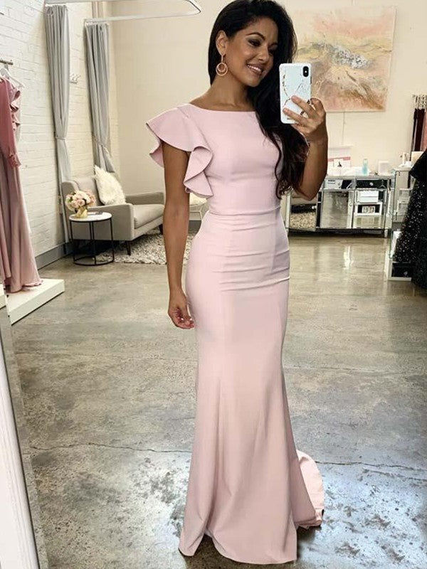 Sheath/Column Ruched Sleeveless Scoop Sweep/Brush Train Bridesmaid Dresses