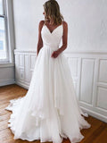 A-Line/Princess Ruffles V-neck Sleeveless Court Train Wedding Dresses