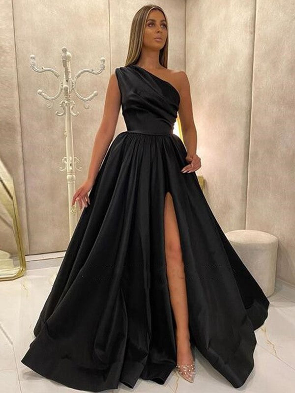 A-Line/Princess Ruffles One-Shoulder Sleeveless Sweep/Brush Train Dresses