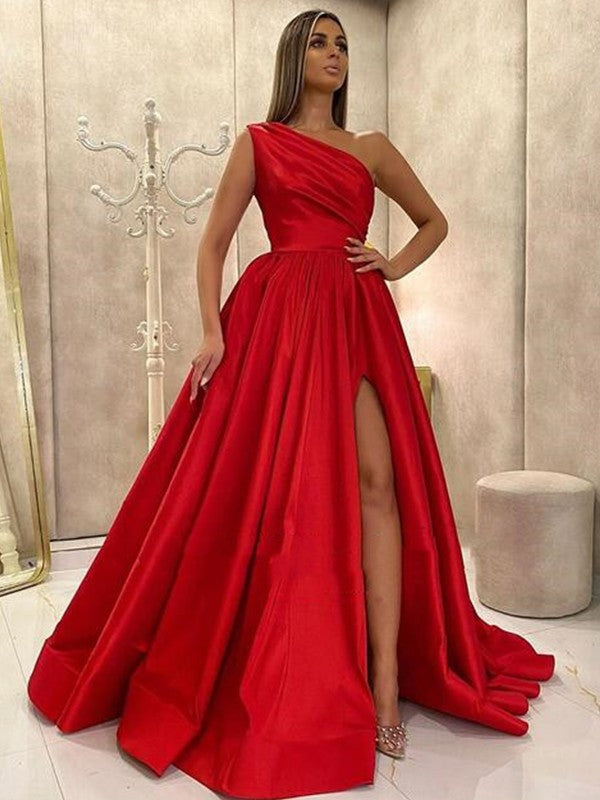 A-Line/Princess Ruffles One-Shoulder Sleeveless Sweep/Brush Train Dresses