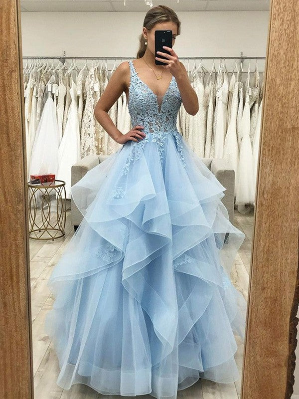 A-Line/Princess Applique V-neck Sleeveless Floor-Length Dresses