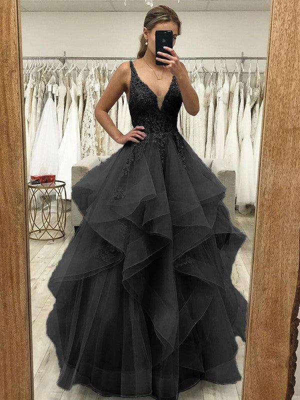 A-Line/Princess Applique V-neck Sleeveless Floor-Length Dresses