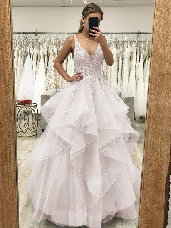 A-Line/Princess Applique V-neck Sleeveless Floor-Length Dresses