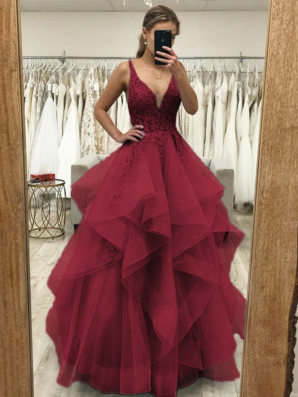 A-Line/Princess Applique V-neck Sleeveless Floor-Length Dresses