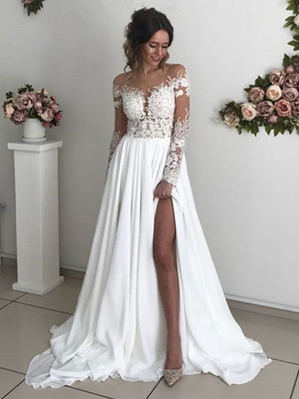 A-Line/Princess Applique Scoop Long Sleeves Sweep/Brush Train Wedding Dresses