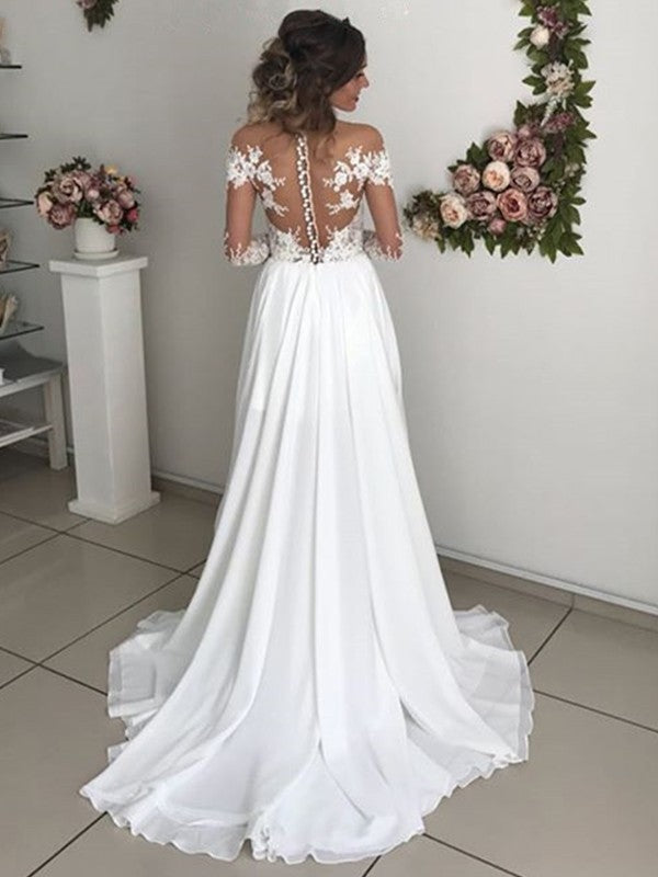 A-Line/Princess Applique Scoop Long Sleeves Sweep/Brush Train Wedding Dresses