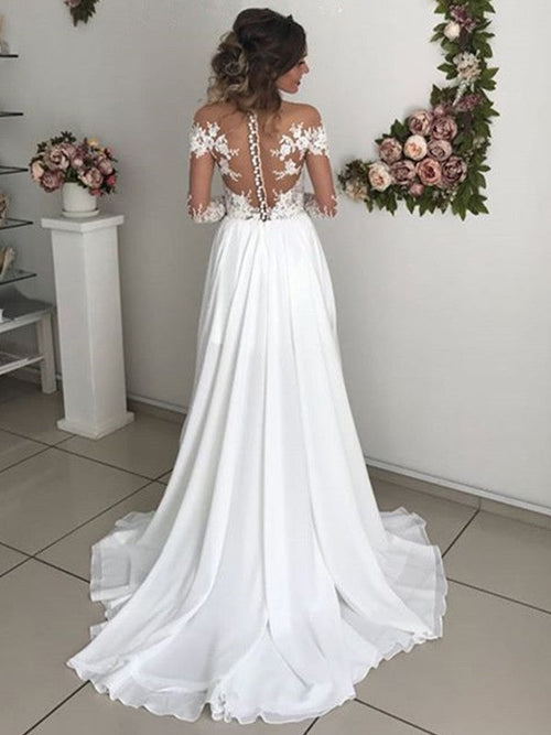 A-Line/Princess Applique Scoop Long Sleeves Sweep/Brush Train Wedding Dresses