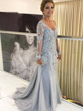 Sheath/Column Applique V-neck Long Sleeves Sweep/Brush Train Mother of the Bride Dresses