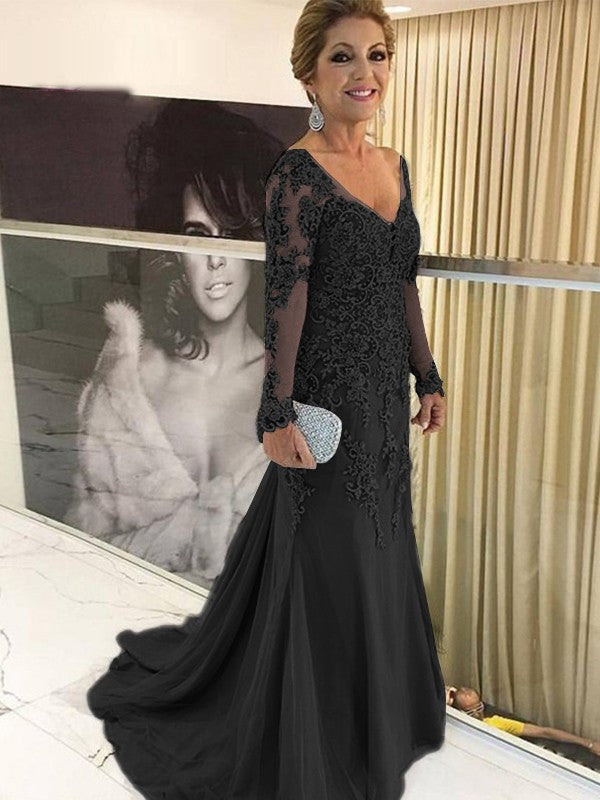Sheath/Column Applique V-neck Long Sleeves Sweep/Brush Train Mother of the Bride Dresses